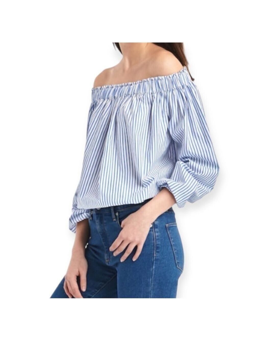 Gap Off Shoulder Striped Top Size L Blue White Long Sleeve